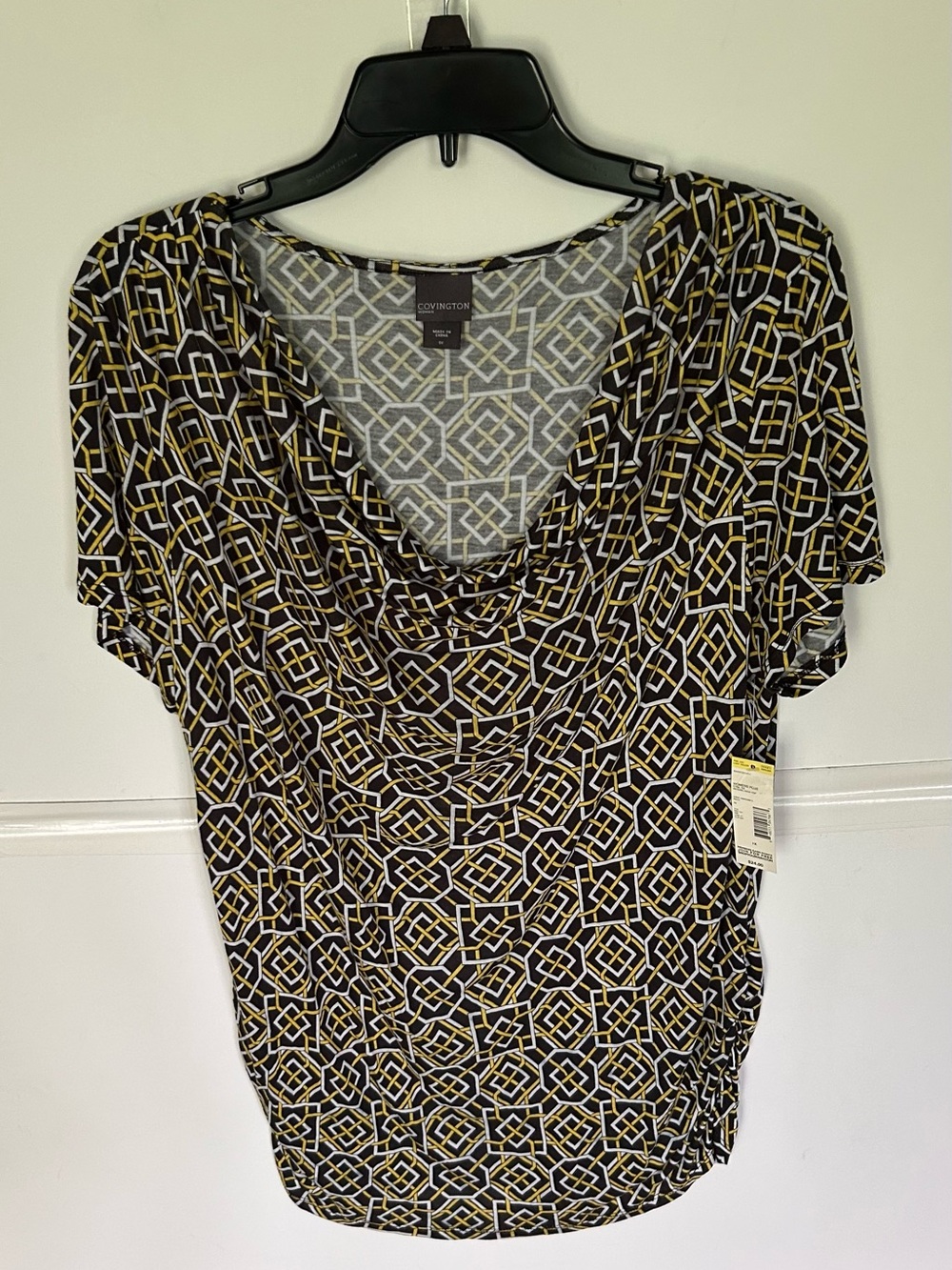 Covington Woman’s  Black Geometric Cowl Neck Top with Yellow & White Accents.